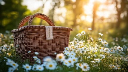 wicker brown picnic basket placed in a lush daisies flowers meadow
