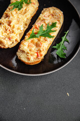 smorrebrod salad spread surimi and crab sticks, mayonnaise fresh meal food snack on the table copy space food background rustic top view