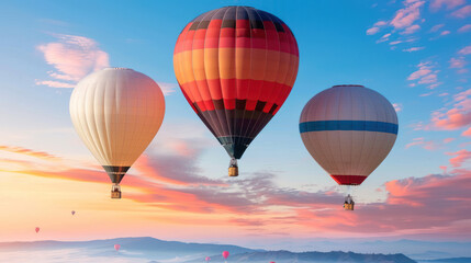 Fototapeta premium Hot air balloons flying in sky sunset. Colorful rise high, carrying adventure, freedom, and journey. Ballooning transport dusk. Enjoyment in clouds. Motion and wind.