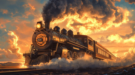 Illustrate a classic steam locomotive puffing out clouds of steam and smoke, with its iconic design and details, evoking a sense of nostalgia and the golden age of rail travel.
