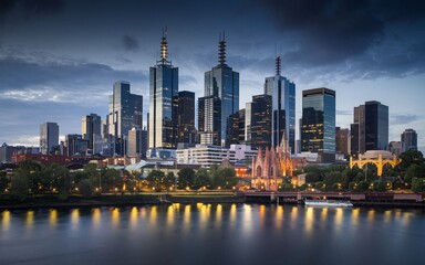 Melbourne City Skyline at Dusk with Ample Space for Text