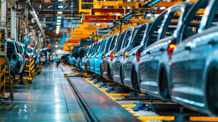 Automobile production line. Modern car factory. Automated machinery manufacturing. Industrial engineering workshop. Transportation industry technology. Blurred.