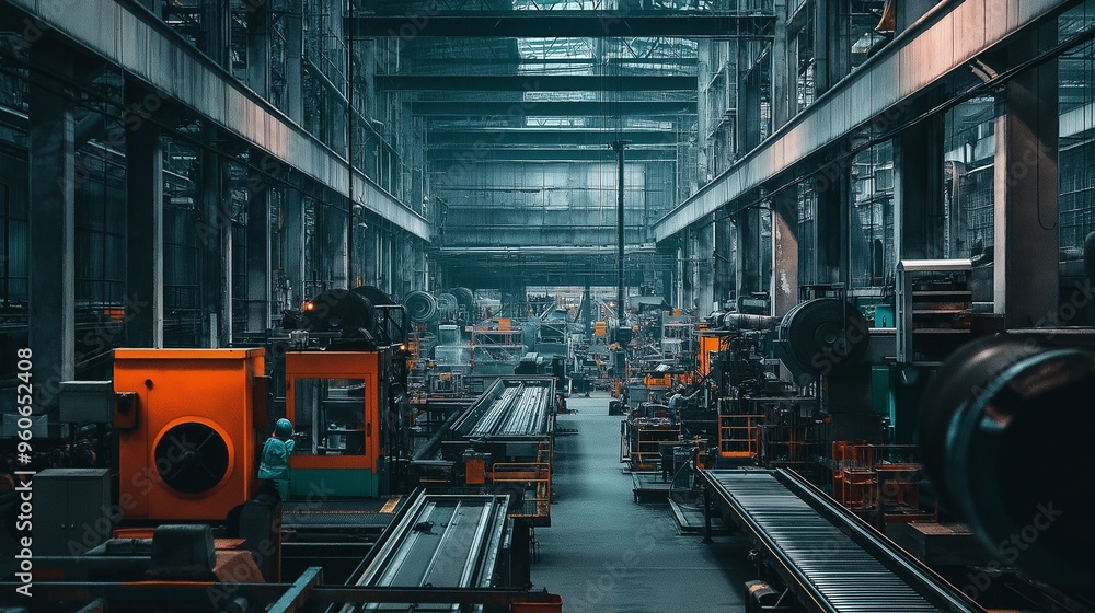 Wall mural industrial production scene with large machines, conveyor belts, and workers