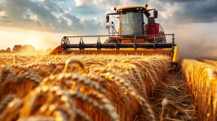 Fototapeta premium Combine harvester working on a wheat field at sunset. Agriculture machinery harvesting grain crop on rural farmland, farmer loading harvest into equipment, dust and sunlight on ripe plantation.