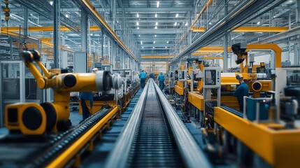 Fototapeta premium industrial production scene with large machines, conveyor belts, and workers