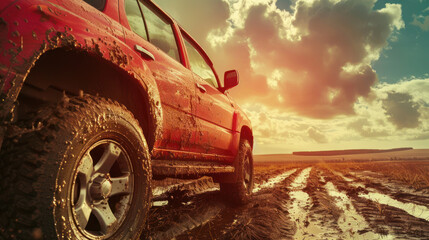Off road car field sunset. 4x4 vehicle adventure travel sport transportation. Dirt country background extreme discovery. Panoramic view. Majestic land exploration journey. Tranquility silence.