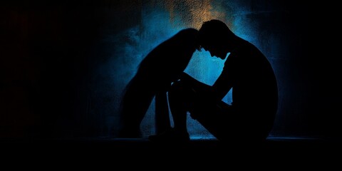 Silhouettes of a person and a dog against a blue