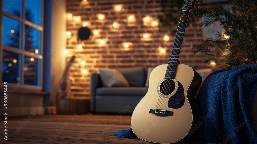 Wall mural classic acoustic guitar leaning against a brick wall in a cozy living room, adorned with cool blue tones