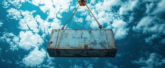 Crane Lifting a Metal Box Against a Blue Sky