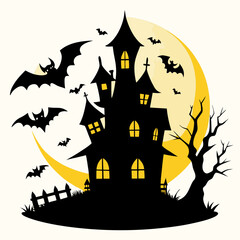 Halloween background with house and pumpkin. A haunted house silhouette with bats flying in front of a full moon on white background 