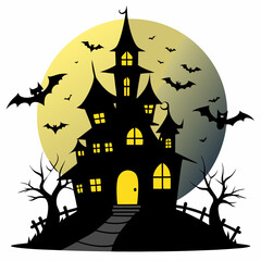 Halloween background with house and pumpkin. A haunted house silhouette with bats flying in front of a full moon on white background 