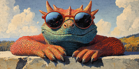 A friendly red and blue dragon wearing red sunglasses looks at the camera with a smile.