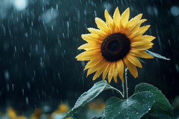 A tall sunflower standing strong in the rain, with droplets collecting on its petals