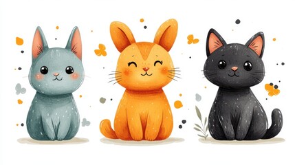 Simple animal clipart with a rabbit, cat, and dog on a white background