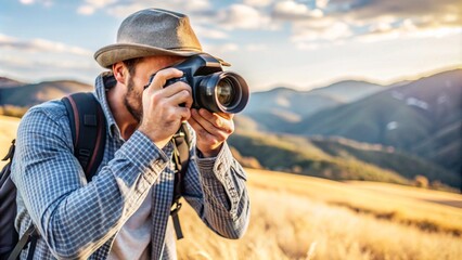 Obraz premium person, man, woman with camera, in the city, photo reporter taking pictures, taking pictures on camera, taking pictures of landscapes