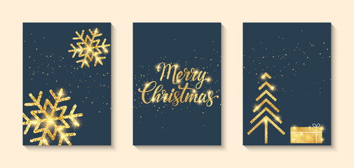 Merry Christmas set of golden greeting cards, gift and snowflake on black background. Design concept for Christmas greetings.