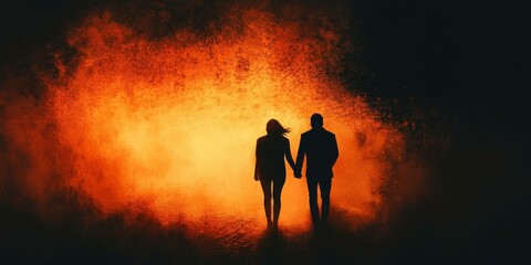 Fototapeta premium Two silhouettes holding hands walk into a bright orange light.