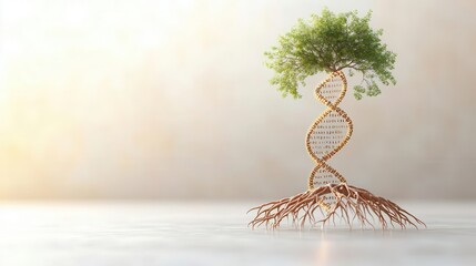 Conceptual image of genetic code intertwined with the roots of a tree, genetic foundation, creation of life