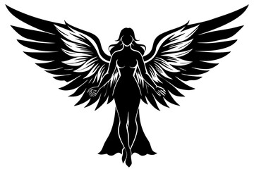 Obraz premium Black silhouettes of angels with large wings on a white background