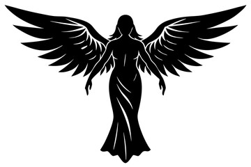 Black silhouettes of angels with large wings on a white background