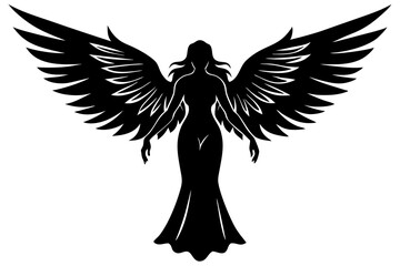 Obraz premium Black silhouettes of angels with large wings on a white background