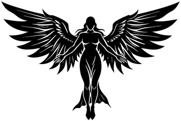 Black silhouettes of angels with large wings on a white background