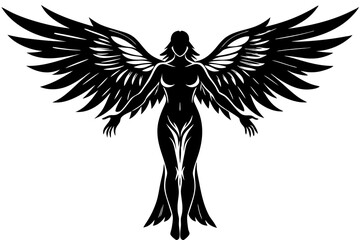 Black silhouettes of angels with large wings on a white background