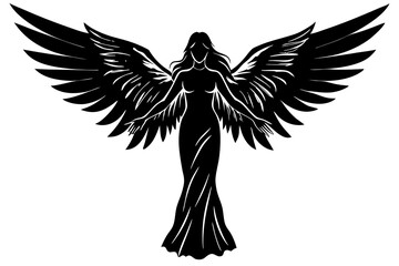 Black silhouettes of angels with large wings on a white background