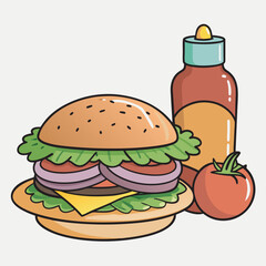 Burger ingredients illustration. Burger with cheese and tomatoes and onions with salad. Tomato ketchup on white background.eps