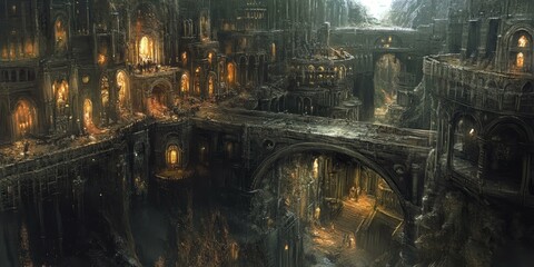 Dark, stone city with glowing windows and bridge.