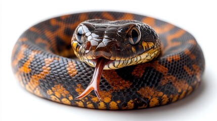 Snake with tongue flicking on white background