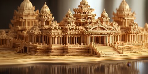 Fototapeta premium Wooden temple model reflected in water.