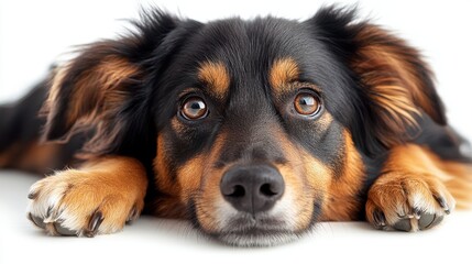 Therapy animal with a calm expression on white background