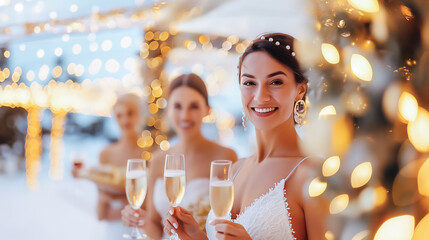 A joyful bride holds a glass of champagne, surrounded by her smiling bridesmaids in elegant dresses. The evening ambiance is lit with shimmering fairy lights