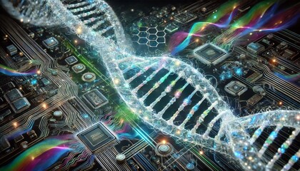 Obraz premium futuristic visualization of DNA strands seamlessly merging with circuitry and holographic elements, symbolizing the convergence of genetics and technology