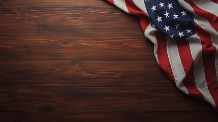 American flag draped over a smooth, wooden background with space for text