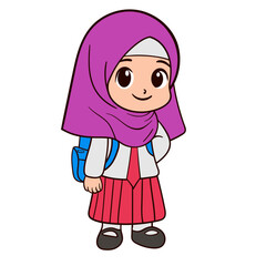 Cute Muslim Girl Ready for School with Backpack