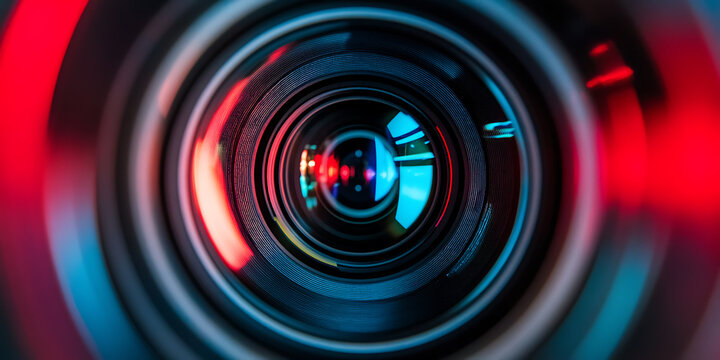 Zoom sur un objectif d'appareil photo avec des reflets color&eacute;s