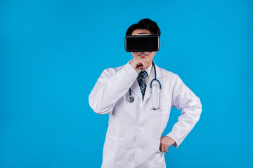 Doctor with stethoscope using VR headset pointing selection 3D hologram healthcare application against blue background with medical technology innovation poster banner materials design. Contrivance.