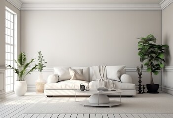 Home mockup, white luxury minimalist living room interior, 3d rende