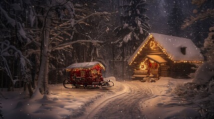 Magical Winter Cabin with Wagon in Snowy Forest