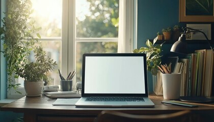 Fototapeta premium Laptop on a Wooden Desk by a Window with Plants