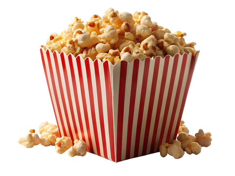recommend clip art: A box of fresh popcorn in a red and white striped carton, isolated on a white background. Perfect for cinema, snack, and entertainment projects. Clipart style with transparent background.