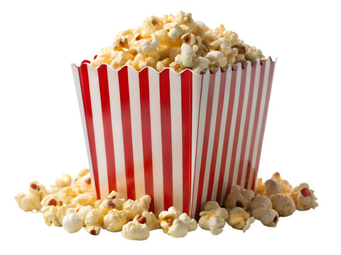 recommend clip art: A large portion of popcorn in a red and white striped box, isolated on a white background. Ideal for snack, cinema, and party-themed visuals. Clipart style with transparent background.
