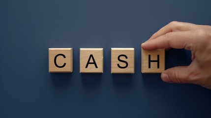 Hand pick the cash word wooden block on blue background for money spending concept.