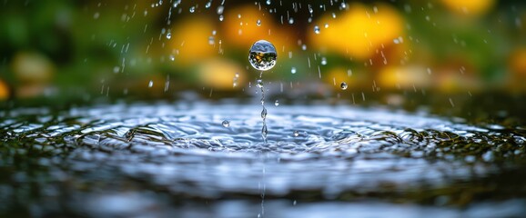 Water Droplet Splashing in a Puddle with Rain Falling in the Background