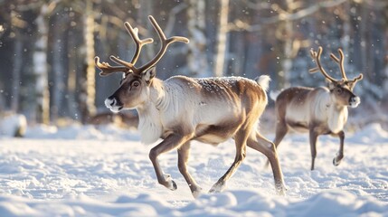 Obraz premium Reindeer Running Through Snowy Forest