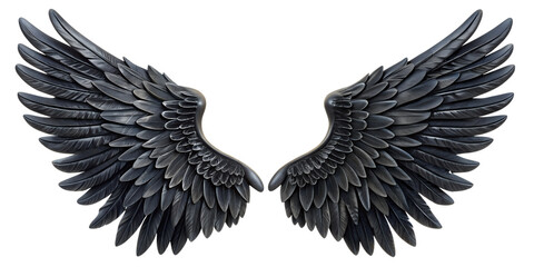 Obraz premium Pair of detailed black angel wings, isolated on transparent background. Ideal for fantasy, cosplay, and gothic-themed designs or projects.