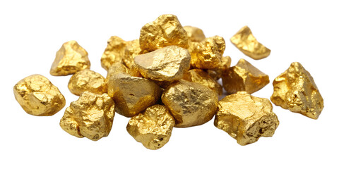 A pile of shiny gold nuggets, isolated on transparent background. Ideal for financial, mining, or treasure-themed designs and illustrations.