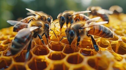 Honeybees gathering nectar on honeycomb close view
